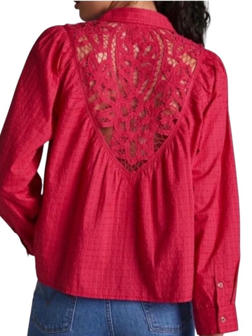 Pilcro Anthropologie Lace Open Back Swiss Dot Button Down Collared Blouse Medium